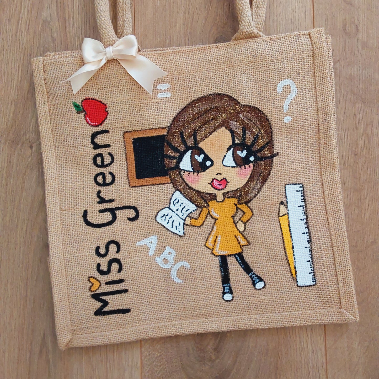 Personalised hand painted jute bag for teacher