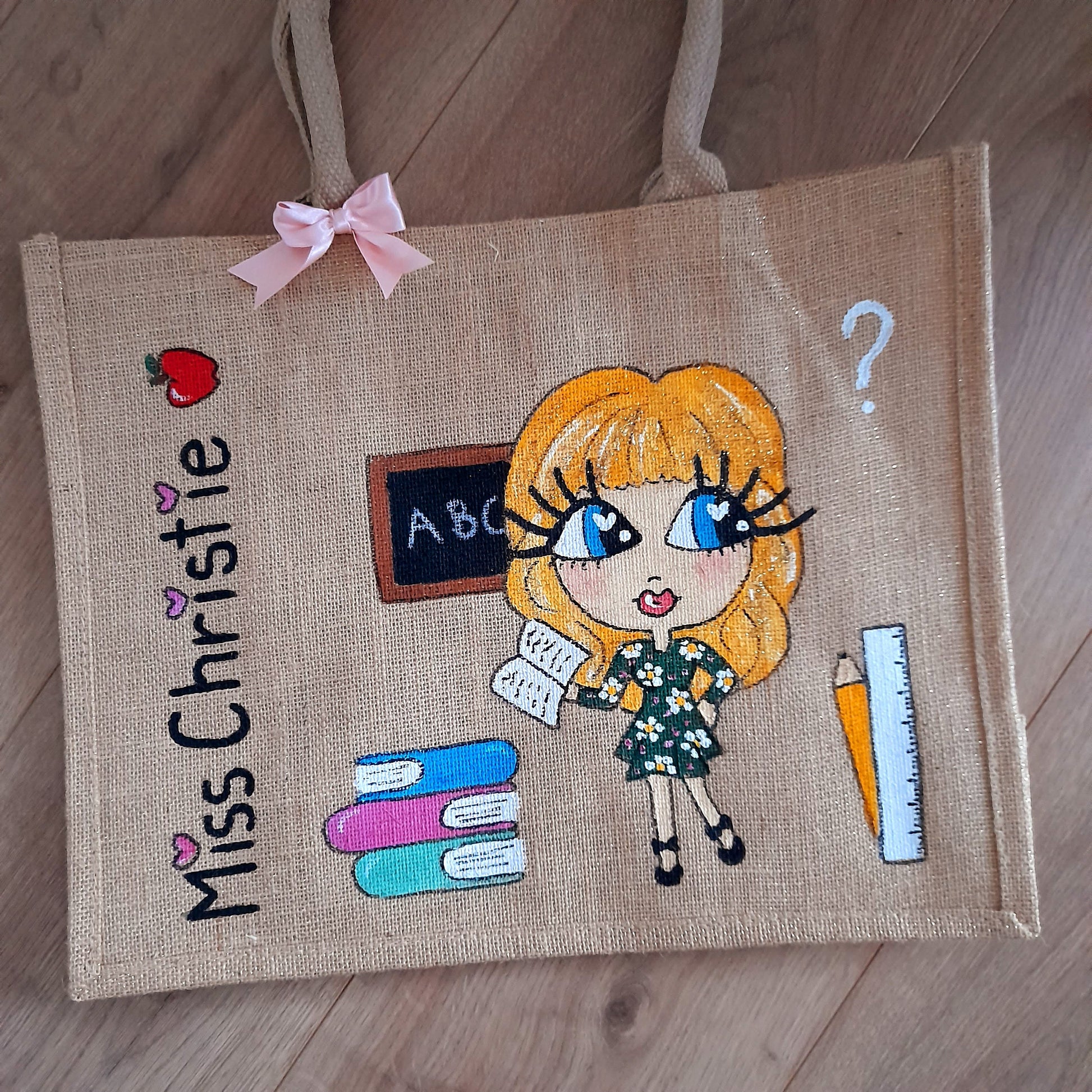 Hand painted jute tote bag for teacher