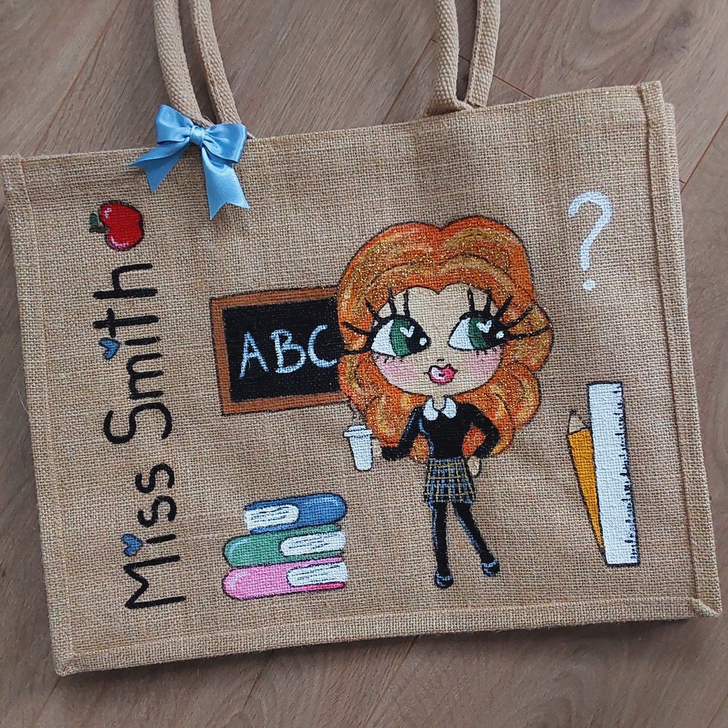 Personalised hand painted character jute bag perfect end of term gift for teacher