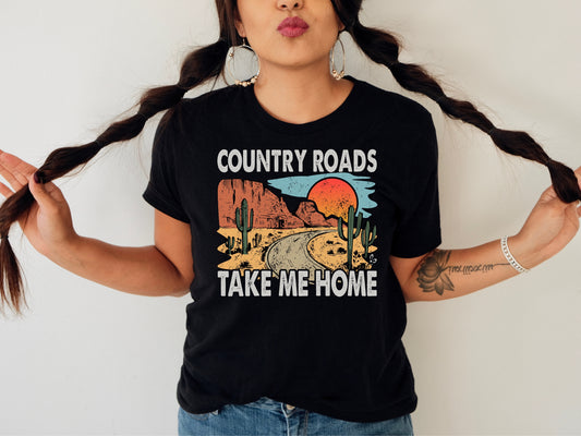 graphic t shirt with colourful print and country roads text