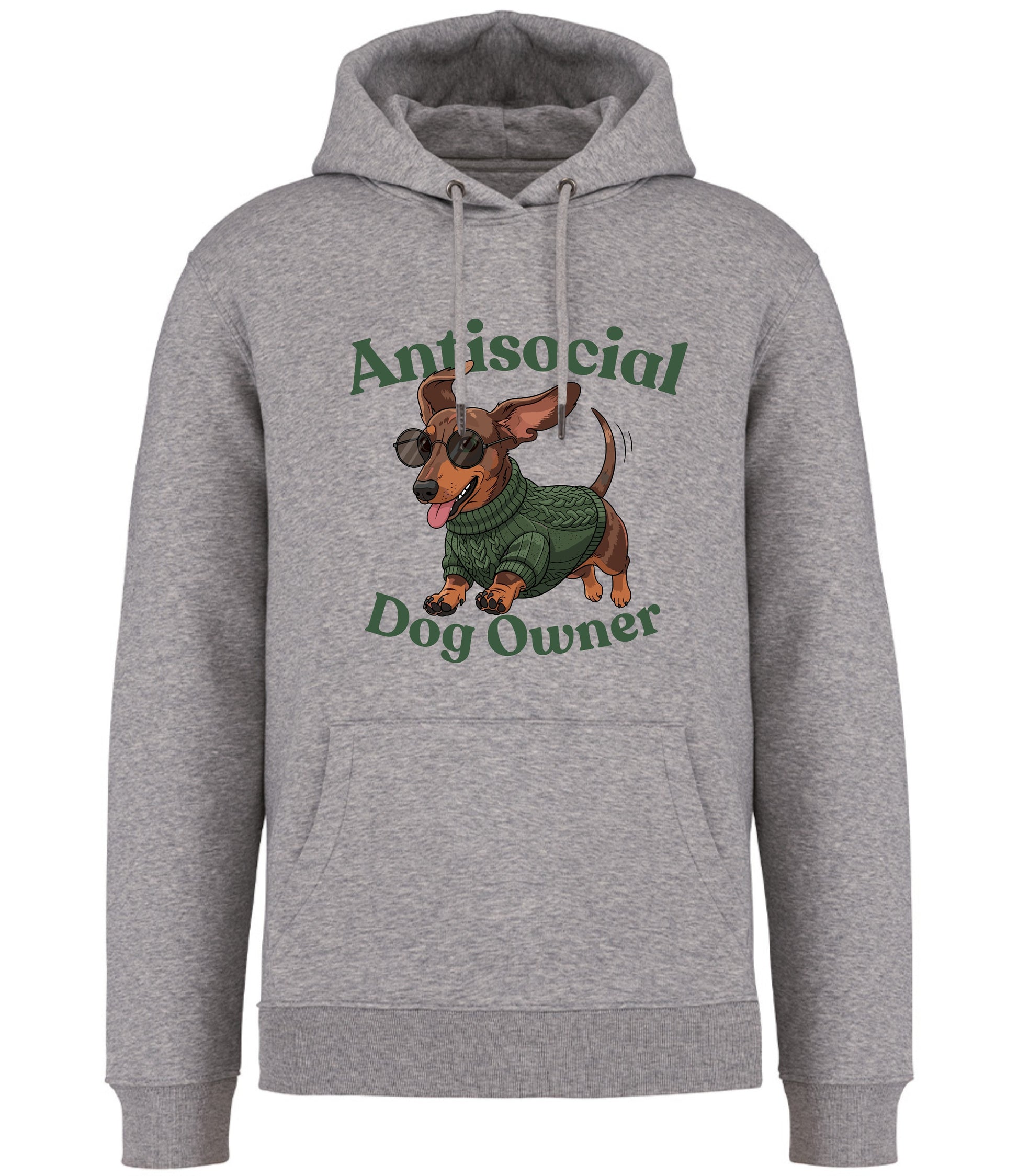 grey hoodie with 'antisocial dog owner' slogan and dachsund graphic on a white background