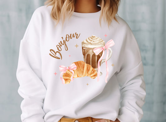 coffee and croissant with pink bows jumper