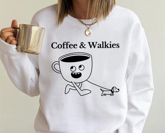 White sweatshirt with 'Coffee & Walkies' design and a person holding a mug.