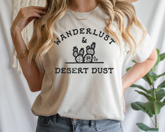 cotton t shirt printed with wonderlust & desert dust illustration in distressed style