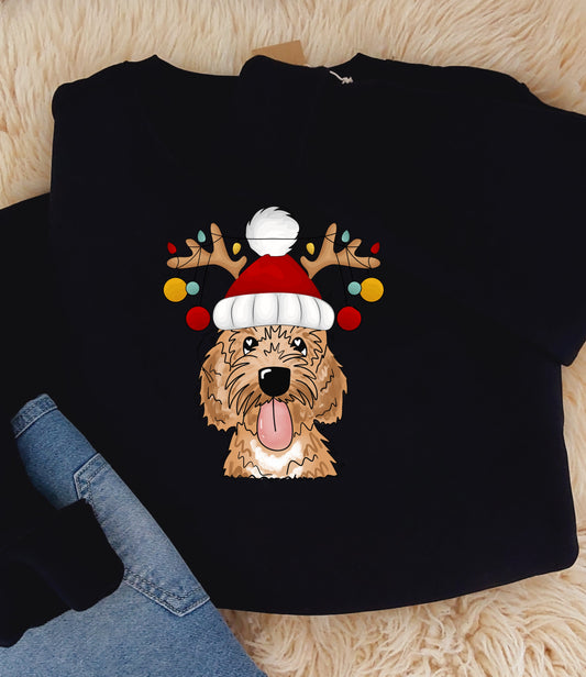personalised christmas dog sweatshirt - printed with festive illustration of a dog in santa hat