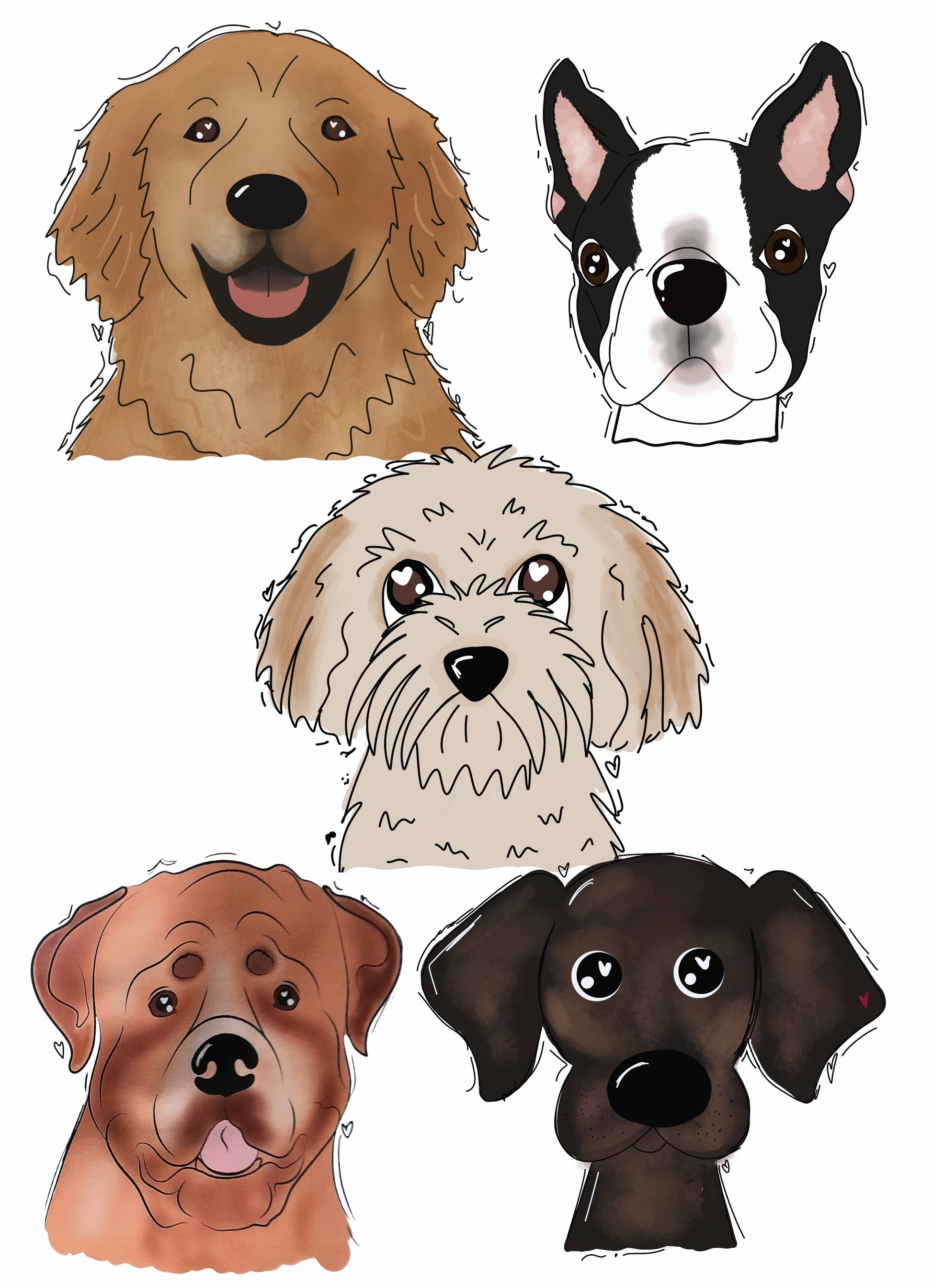 Five cartoon dog faces in different colors on a white background
