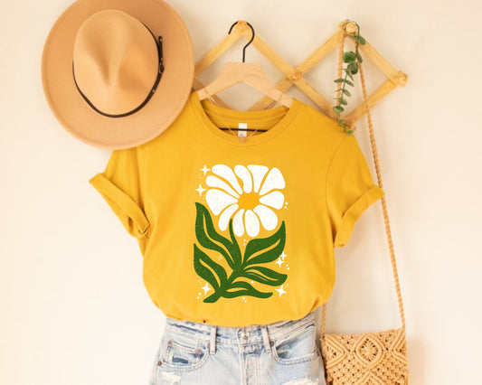 Yellow boho daisy distressed print  tshirt 