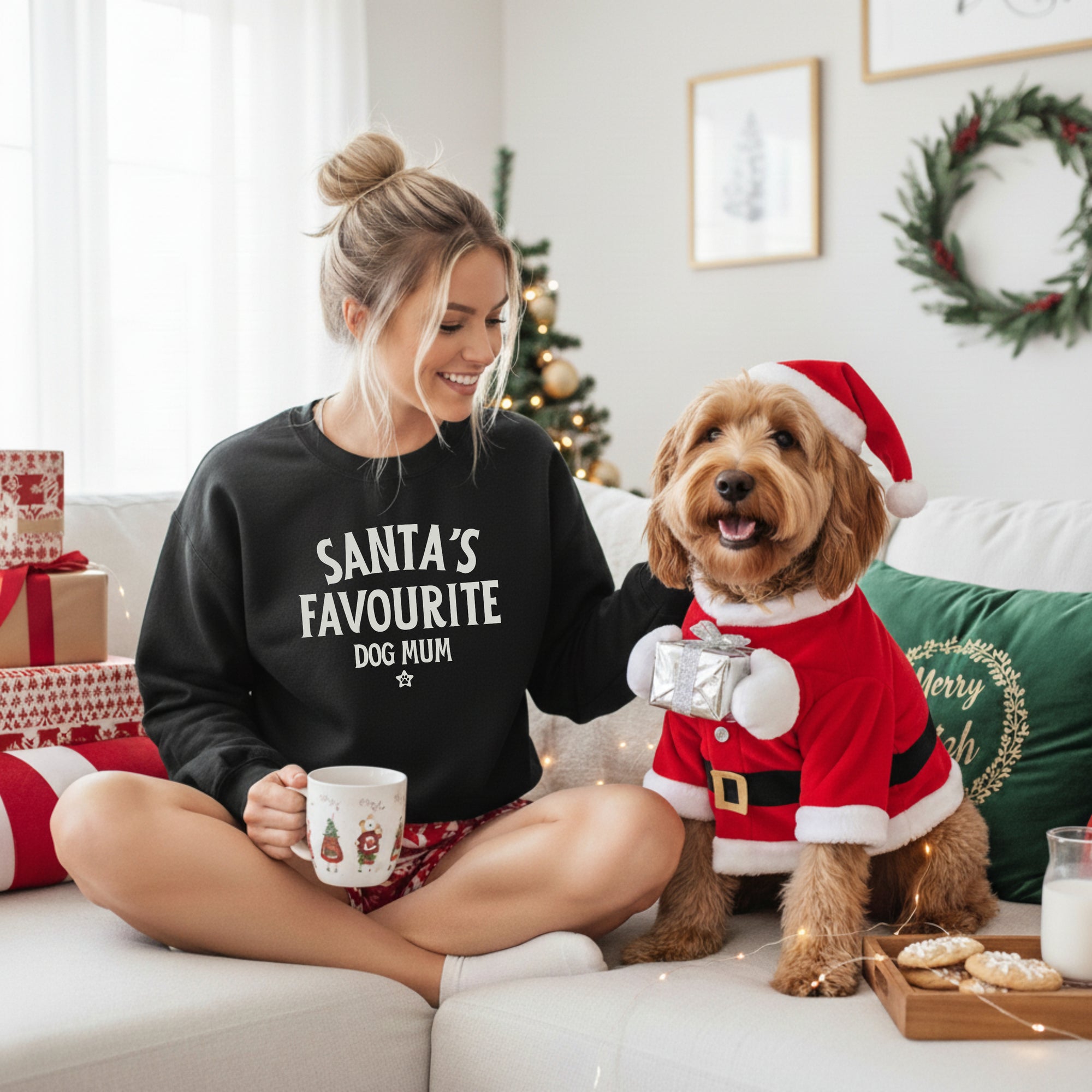 Woman wearing a 'Santa's Favourite Dog Mum' shweatshirt with a dog in a Santa outfit in a festive living room.